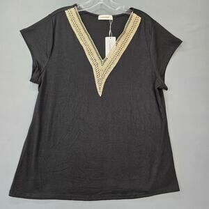 Fantaslook Black Shirt NEW Stretch Embroidered V-Neck Short Sleeves Women Size L